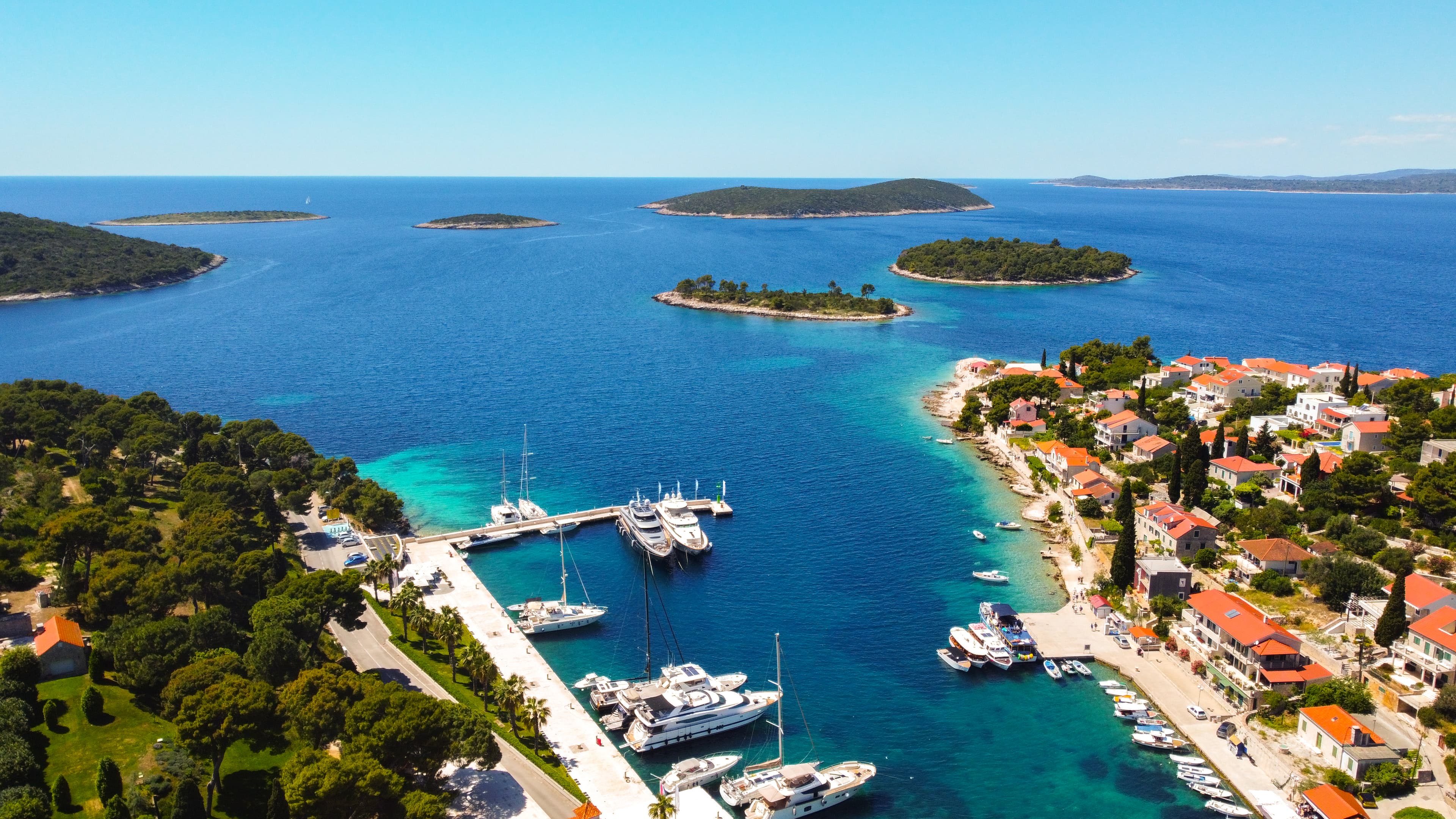 Aerial view of the Blue Lagoon turquoise waters at Drvenik Veli island near Split, Croatia
